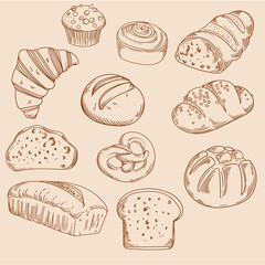 Set of bread illustrations, vintage ink drawing in vector for cards, menus, bakery, or graphic design