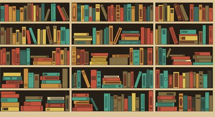 A Colorful Collection of Books on Wooden Bookshelves A Library of Knowledge
