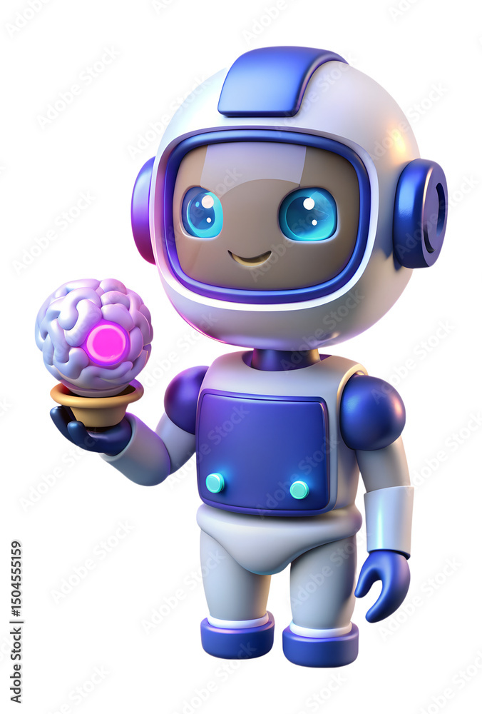 Poster cute robot character holding artificial intelligence brain 3d rendering isolated on transparent back