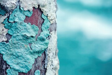 Close-up of weathered bark with turquoise lichen against a soft blue blurred background, showing texture and contrast.