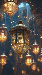 Intricate lanterns with golden motifs move softly in the calm flow of a gentle breeze. Vertical.