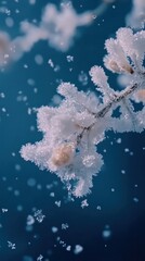 Snow gently drifts across a dark blue field, creating a serene winter mood. Vertical.