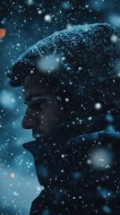 Light snow softly blankets a dark blue scene, infusing a calm winter spirit. Vertical.