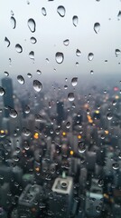 Raindrops cling to glass in a close-up view, with a softly blurred urban scene. Vertical.
