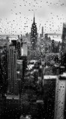 Macro raindrops on glass reveal a soft, out-of-focus urban panorama view. Vertical.