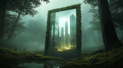 Obraz premium Futuristic mirror portal in deep forest showing glowing modern city skyline inside. Surreal concept of dual reality, nature vs technology, digital escape, sci-fi fantasy world with moss and skyscraper