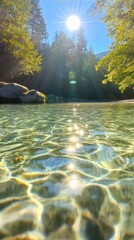 Subtle ripples traverse clear water as sunlight casts a gentle reflective glow. Vertical.