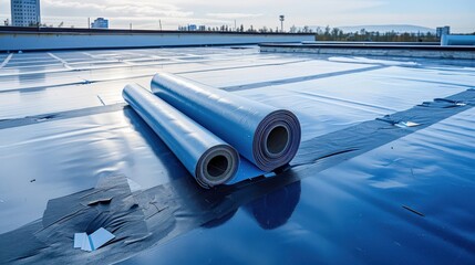Industrial rooftop renovation featuring blue waterproof membrane rolls and smooth surface