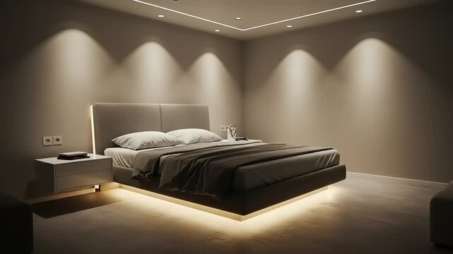 Modern bedroom interior with bedside table and accent lighting.