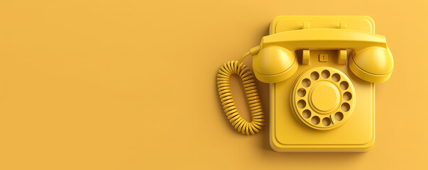 Yellow vintage rotary phone on a yellow background. A retro communication device.
