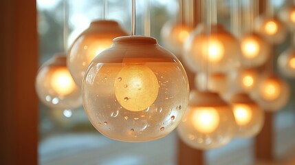 Elegant glass pendant lights with soft warm glow in modern interior setting