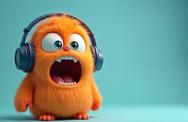 Funny cartoon orange monster wears headphones, shocked expression. Wide eyes open mouth in surprise. Playful, fun music-related themes, gaming. Perfect for app icons, stock images.
