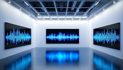 Futuristic digital waveforms and sound bars glowing in electric blue on black .