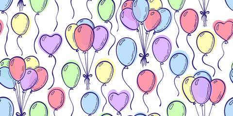 seamless pattern hand drawn doodle cartoon balloons symbols of birthday party. design holiday greeting card and invitation of wedding, Happy mother day, birthday, Valentine s day and holidays