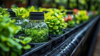 Close-up of vibrant green plants in bottles, arranged in a greenhouse with lush background foliage