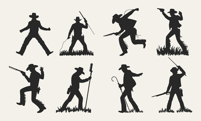 Silhouette depictions of cowboys in various poses with weapons and accessories on a light background