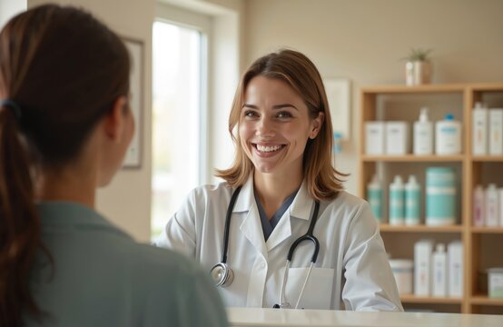 Smiling receptionist checking patient OPD in clinic. Woman doctor wears white coat with stethoscope. Healthcare, medicine, appointment, registration. Bright, modern clinic background, pro staff.