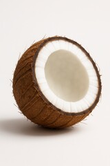 AI Generated image of A halved coconut isolated on white background showcases its brown shell, white flesh, and refreshing tropical essence in a clean studio shot