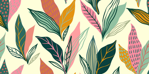 Abstract art vintage colors tropical line art leaves seamless background vector. Wallpaper design with leaves shapes and scribble doodle linear leaf. vintage botanical floral seamless pattern