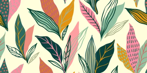 Abstract art vintage colors tropical line art leaves seamless background vector. Wallpaper design with leaves shapes and scribble doodle linear leaf. vintage botanical floral seamless pattern