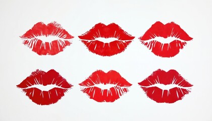 Six red lip prints isolated on white background. Lipstick kiss mark stamps. Symbol of beauty, makeup, passion, love. Romantic Valentine Day, female beauty concept, cosmetics advertising.