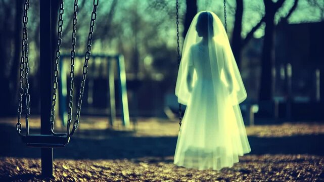 A ghostly bride in a veil stands in an empty playground.