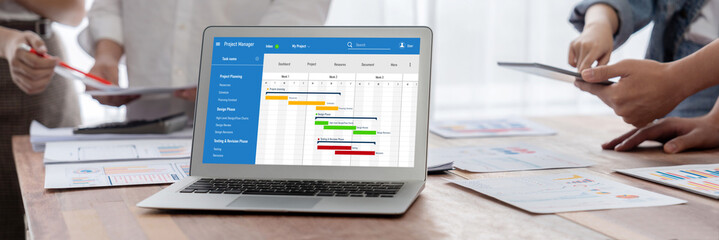 Project planning software for brisk business project management on the computer screen showing...