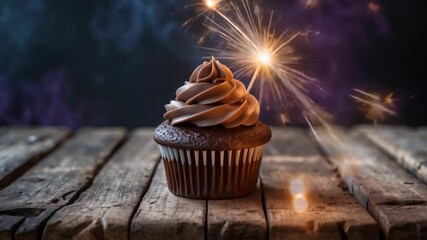 Delicious chocolate cupcake with sparkler on wooden table during birthday celebration in dark animation - Powered by Adobe