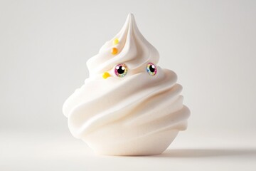 Whimsical frozen yogurt swirl with glittery eyes and colorful sprinkles on a clean, bright background, creating a playful, surreal effect.