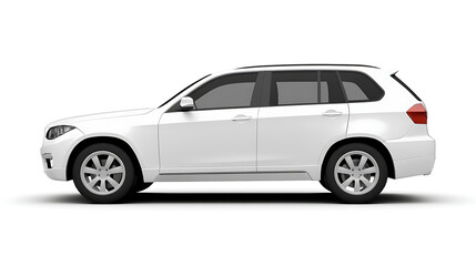 Side view of a white suv with tinted windows and silver rims on a white background