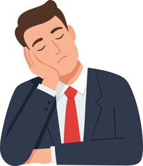 Businessman in navy suit and red tie sleeping with head resting on hand vector illustration of tired office worker 