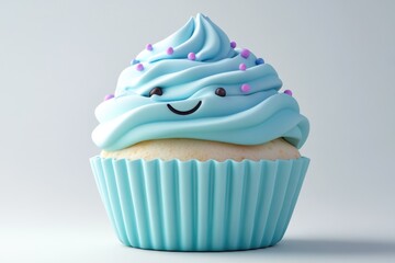 A charming cupcake with light blue frosting, adorned with sprinkles and a cute smiley face, ready to be enjoyed.