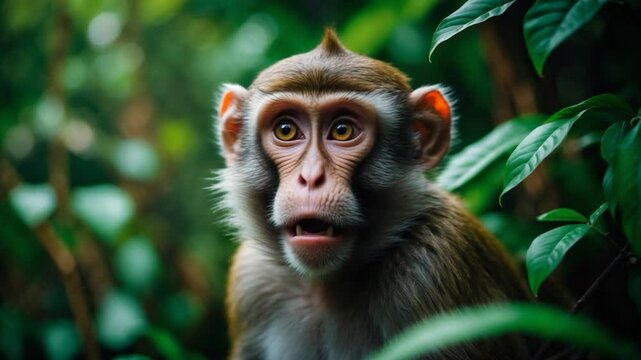 Astonished funny monkey with open mouth. Close-up video set against a natural background.