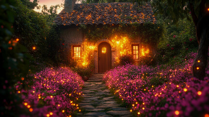 Fototapeta premium Enchanting Cottagecore Abode: A whimsical residence adorned with blooming flora and twinkling light