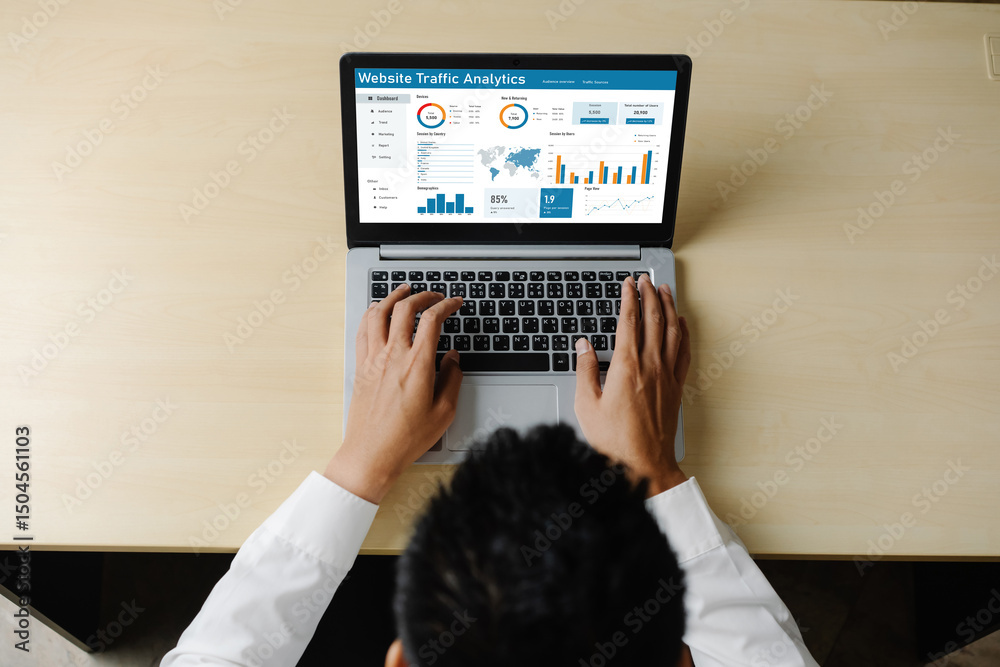 Poster computer software for website traffic analytics data on computer screen. concept of seo search engin