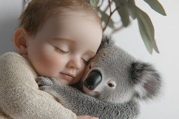 A cherubic baby sleeps soundly, nestled peacefully against a soft, gray koala plush toy, surrounded by calming eucalyptus leaves.