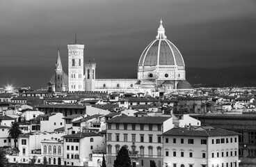 Beautiful view on hard of amazing Florence city and the Cathedral at sunrise, Florence, Italy
