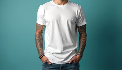 Man wearing white t-shirt mockup. Showcase blank tee design for apparel branding. Versatile modern casual design, fashion print template for advertisement purposes.