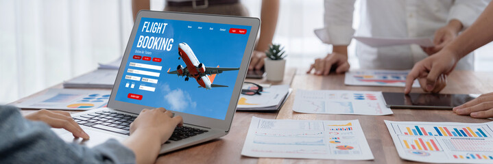 Online flight booking website provide brisk reservation system . Travel technology concept .