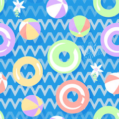 Fototapeta premium Seamless pattern without a background on a marine theme, consisting of colorful boats, balls and inflatable swimming circles
