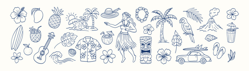 Hawaii set. A blue and white image with a variety of tropical fruits and animals. The image is a collage of different elements, including a guitar, a car, a boat, and a person wearing a Hawaiian shirt