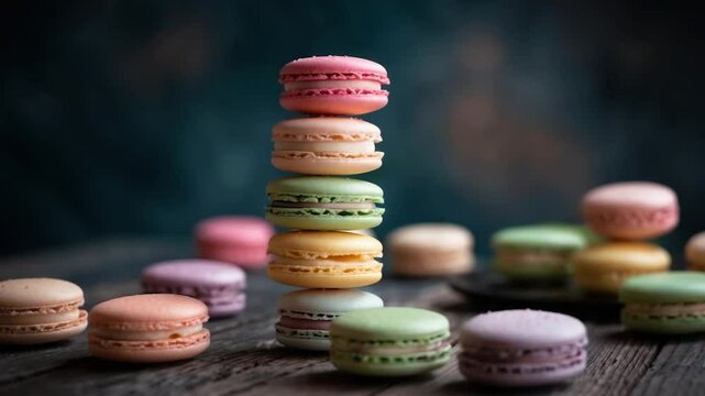 Colorful stack of macaroons against a dark background.