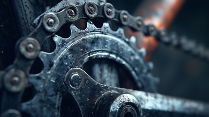 Close-up view of rusty bike chain and gears, showcasing intricate mechanical details and weathered texture. 