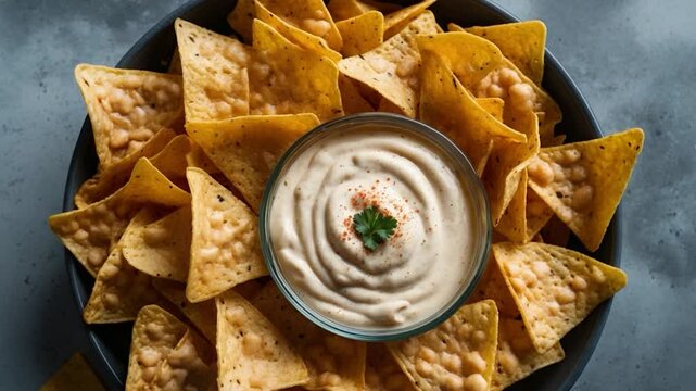Cheesy dip with nachos ready for consumption. Snack or appetizer. Aerial perspective, background. Blank space.
