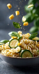 Colorful Flying Pasta with Basil and Zucchini in Mid-Air Above Rustic Bowl