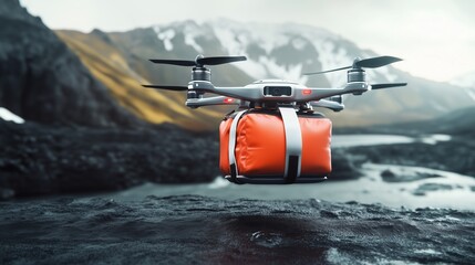 Drone delivering package in snowy mountain landscape, concept for emote delivery solutions