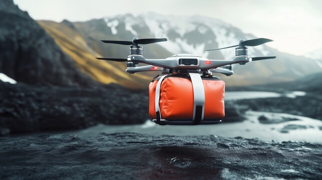 Drone delivering package in snowy mountain landscape, concept for emote delivery solutions