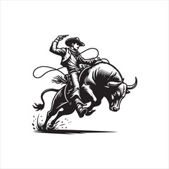 Naklejka premium Bull Rodeo Showdown – Cowboy Riding a Bucking Bull in Action