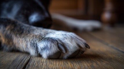 Close-up of dog paws on a wooden floor resting quietly in cozy house indoor setting