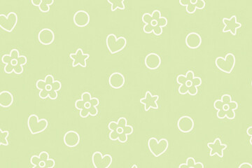 A whimsical and playful seamless pattern featuring simple outlines of flowers, hearts, and stars on a soft green background, perfect for various creative projects and designs.